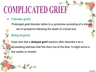  Exaggerated grief
Exaggerated grief may include major psychiatric disorders that develop
following a loss such a phobias...