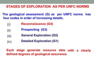 STAGES OF EXPLORATION AS PER UNFC NORMS
The geological assessment (G) as per UNFC norms has
four codes in order of increasing details.
(i)
(ii)
(iii)
(iv)
Reconnaissance (G4)
Prospecting (G3)
General Exploration (G2)
Detailed Exploration (G1)
with a clearly
Each stage generate resource data
defined degrees of geological assurance.
 