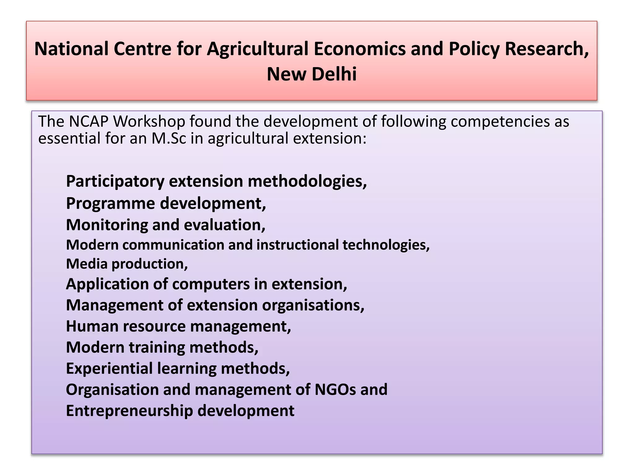National Centre for Agricultural Economics and Policy Research,
New Delhi
The NCAP Workshop found the development of following competencies as
essential for an M.Sc in agricultural extension:
Participatory extension methodologies,
Programme development,
Monitoring and evaluation,
Modern communication and instructional technologies,
Media production,
Application of computers in extension,
Management of extension organisations,
Human resource management,
Modern training methods,
Experiential learning methods,
Organisation and management of NGOs and
Entrepreneurship development
 
