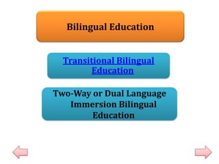 Bilingual Education
Transitional Bilingual
Education

Two-Way or Dual Language
Immersion Bilingual
Education

 