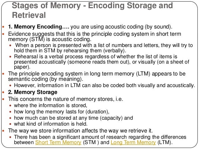 the process of encoding storing and retrieving information from our memory Memory involves encoding, storing, retaining and subsequently recalling information and past experiences once we have the process down, it goes into our long-term memory and we can do it . the process of encoding storing and retrieving information from our memory Memory involves encoding, storing, retaining and subsequently recalling information and past experiences once we have the process down, it goes into our long-term memory and we can do it .