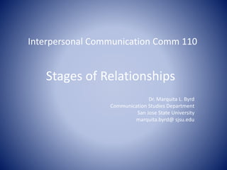 Stages of Relationships
Interpersonal Communication Comm 110
Dr. Marquita L. Byrd
Communication Studies Department
San Jose State University
marquita.byrd@ sjsu.edu
 