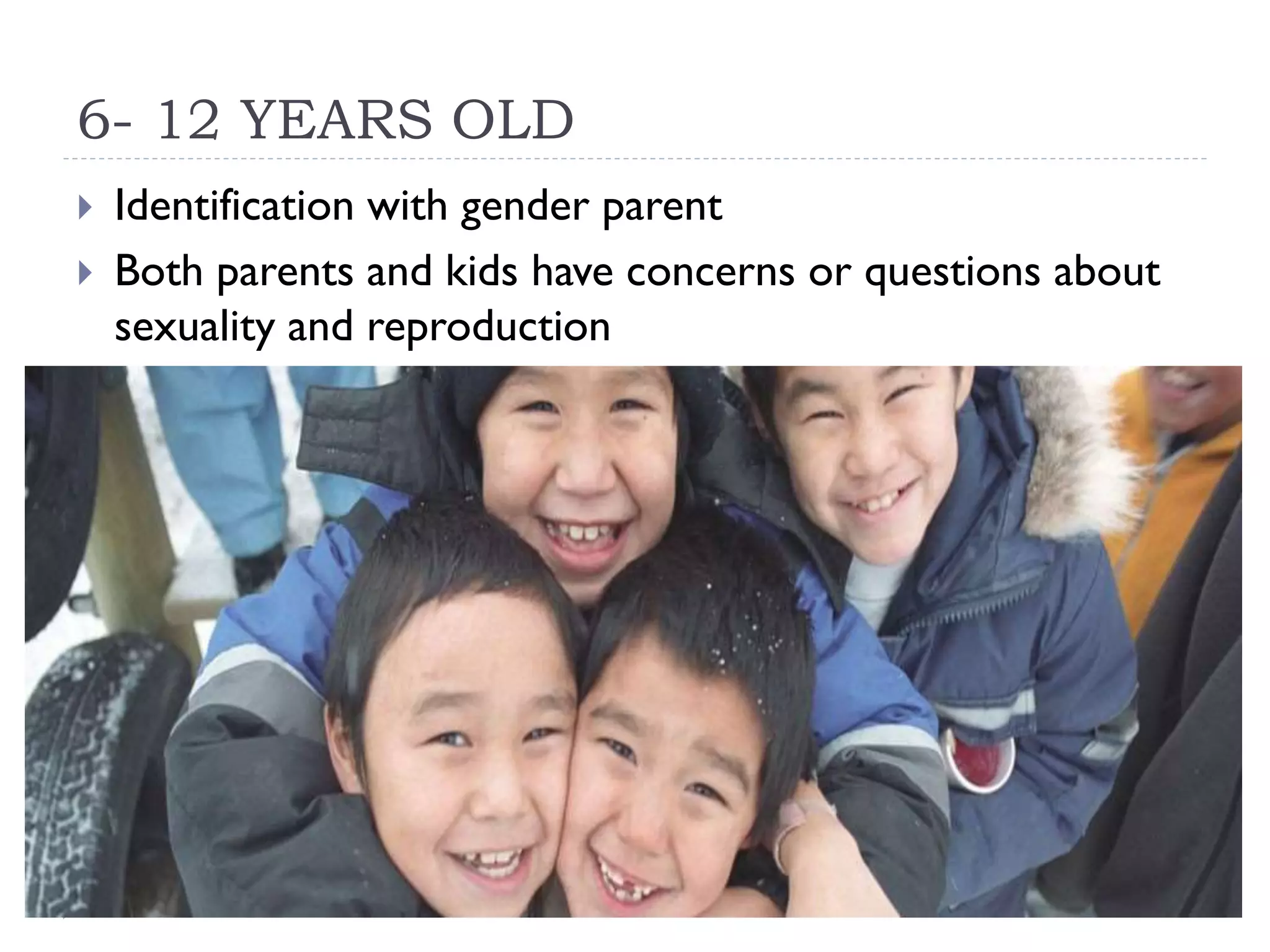 6- 12 YEARS OLD
Identification with gender parent
Both parents and kids have concerns or questions about
sexuality and reproduction
