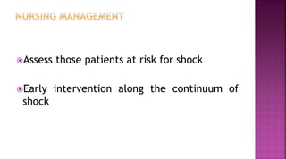 Assess those patients at risk for shock
Early intervention along the continuum of
shock
 
