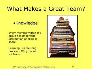 What Makes a Great Team?

   •Knowledge

Every member within the
group has important
information or skills to
share!

Learning is a life-long
process. We grow as
we learn.



   UNT in partnership with TEA, Copyright © All rights reserved   14
 