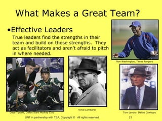 What Makes a Great Team?
•Effective Leaders
  True leaders find the strengths in their
  team and build on those strengths. They
  act as facilitators and aren’t afraid to pitch
  in where needed.
                                                                            Ron Washington, Texas Rangers




                                                        Vince Lombardi
Dave Tippett, Dallas Stars Hockey Club                                           Tom Landry, Dallas Cowboys

             UNT in partnership with TEA, Copyright © All rights reserved             21
 