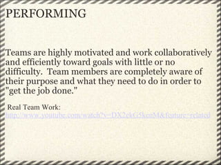 PERFORMING   Teams are highly motivated and work collaboratively and efficiently toward goals with little or no difficulty.  Team members are completely aware of their purpose and what they need to do in order to "get the job done."        Real Team Work: http://www.youtube.com/watch?v=DX2ekG5kenM&feature=related 