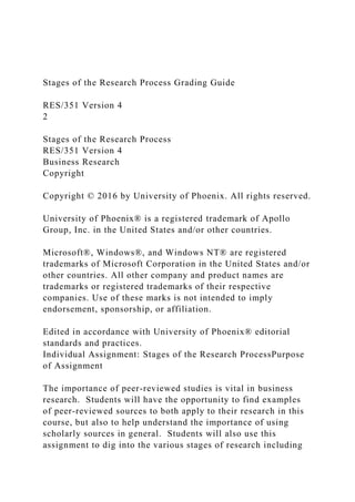 Stages of the Research Process Grading Guide
RES/351 Version 4
2
Stages of the Research Process
RES/351 Version 4
Business Research
Copyright
Copyright © 2016 by University of Phoenix. All rights reserved.
University of Phoenix® is a registered trademark of Apollo
Group, Inc. in the United States and/or other countries.
Microsoft®, Windows®, and Windows NT® are registered
trademarks of Microsoft Corporation in the United States and/or
other countries. All other company and product names are
trademarks or registered trademarks of their respective
companies. Use of these marks is not intended to imply
endorsement, sponsorship, or affiliation.
Edited in accordance with University of Phoenix® editorial
standards and practices.
Individual Assignment: Stages of the Research ProcessPurpose
of Assignment
The importance of peer-reviewed studies is vital in business
research. Students will have the opportunity to find examples
of peer-reviewed sources to both apply to their research in this
course, but also to help understand the importance of using
scholarly sources in general. Students will also use this
assignment to dig into the various stages of research including
 