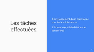 Les tâches
effectuées
1.Développement d'une plate-forme
pour les administrateurs
2.Trouver une vulnérabilité sur le
serveur web
11
 