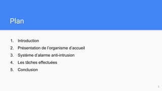 Plan
1. Introduction
2. Présentation de l’organisme d’accueil
3. Système d’alarme anti-intrusion
4. Les tâches effectuées
5. Conclusion
2
 
