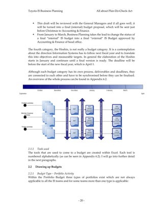 Toyota IS Business Planning                                                                                                                          All about Plan‐Do‐Check‐Act 



                            This  draft  will  be  reviewed  with  the  General  Managers  and  if  all  goes  well,  it 
                            will  be  turned  into  a  final  (internal)  budget  proposal,  which  will  be  sent  just 
                            before Christmas to Accounting & Finance. 
                            From January to March, Business Planning takes the lead to change the status of 
                            a  final  “internal”  IS  budget  into  a  final  “external”  IS  Budget  approved  by 
                            Accounting & Finance of head office. 
                
               The fourth category, the Hoshin, is not really a budget category. It is a contemplation 
               about the direction Information Systems has to follow next fiscal year and to translate 
               this  into  objectives  and  measurable  targets.  In  general  the  elaboration  of  the  Hoshin 
               starts  in  January  and  continues  until  a  final  version  is  ready.  The  deadline  will  be 
               before the start of the new fiscal year, which is April 1. 
                
               Although  each  budget category  has  its  own  process,  deliverables  and  deadlines,  they 
               are connected to each other and have to be synchronised before they can be finalised. 
               An overview of the whole process can be found in Appendix 6.2. 
                

                            October        November                                  December                                                            January                                                 February                      March
September                                                                                                                                                                                                                                              April
                                                                                                     GM & IS executives review & SYNCHRONISATION




    Portfolio activities
                                                                                                                                                                       TME executives review & SYNCHRONISATION


                                                                                                                                                       final                                                                     final
                                                       GM review & SYNCHRONISATION




                                                                                                                                                    -internal-                                                                -external-
                                                                                       draft                                                                                                                                (approved by TME
                                                                                                                                                    (approved by
                                                                                                                                                   IS executives)                                                              executives)
    Member Expense
       activities

                                                                                                                                                       final                                                                     final
                                                                                                                                                    -internal-                                                                -external-
                                                                                       draft                                                                                                                                (approved by TME
                                                                                                                                                    (approved by
                                                                                                                                                   IS executives)                                                              executives)


    Project activities

                                                                                                                                                       final                                                                     final
                                                                                                                                                    -internal-                                                                -external-
                                                                                       draft                                                                                                                                (approved by TME
                                                                                                                                                    (approved by
                                                                                                                                                   IS executives)                                                              executives)




 

               2.1.1 Tools used 
               The  tools  that  are  used  to  come  to  a  budget  are  created  within  Excel.  Each  tool  is 
               numbered alphabetically (as can be seen in Appendix 6.2). I will go into further detail 
               in the next paragraphs. 

               2.2         Drawing up Budgets 

               2.2.1 Budget Type ~ Portfolio Activity 
               Within  the  Portfolio  Budget  three  types  of  portfolios  exist  which  are  not  always 
               applicable to all the IS teams and for some teams more than one type is applicable: 




                                                                                                ‐ 20 ‐ 
 