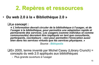 2. Repères et ressources Du web 2.0 à la « Bibliothèque 2.0 » Le concept : «  L'information devrait circuler de la bibliothèque à l'usager, et de l'usager à la bibliothèque, pour permettre une adaptation rapide et permanente des services. Les usagers (comme individus et comme communautés) devraient être impliqués en tant que consultants, participants, cocréateurs - ceci pour permettre l'innovation aussi bien dans les services virtuels que les services physiques. » Source :  Bibliopedia   En 2005, terme inventé par Michel Casey (Library Crunch) = concepts du web 2.0 appliqués aux bibliothèques Plus grande ouverture à l’usager 