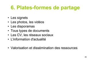 6. Plates-formes de partage   Les signets  Les photos, les vidéos  Les diaporamas Tous types de documents Les CV, les réseaux sociaux L'information d'actualité Valorisation et dissémination des ressources 