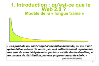 1. Introduction : qu'est-ce que le Web 2.0 ?   Modèle de la « longue traîne » «  Les produits qui sont l’objet d’une faible demande, ou qui n’ont qu’un faible volume de vente, peuvent collectivement représenter une part de marché égale ou supérieure à celle des best-sellers, si les canaux de distribution peuvent proposer assez de choix.  »   (extrait de Wikipedia) 