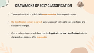DRAWBACKS OF 2017 CLASSIFICATION
• The new classification is definitely more extensive than the previous one
• No classification system is perfect as new research will lead to new knowledge and
hence new changes.
• Concerns have been raised about practical application of new classification in day to
day practices because of its complexity
 