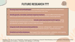 FUTURERESEARCH???
• Developimprovedmethodologies to accurately assess changes in both soft and hard
tissues associated with periodontitis progression over time.
• Identify genetic, microbial, and host responsemarkers that can differentiate between
different periodontitis phenotypesand reflect disease initiation and progression.
• Expand epidemiological databases to include underrepresentedworld regions, using
standardized methodologiesand detailed data collection on patient-related, oral, and
periodontal variables.Open access to data is crucial.
• Integrate multi-dimensional data platforms (clinical, radiographic, -omics) to enable
systemsbiologyapproaches for studying periodontal and peri-implant diseases.
• Establish and utilize databases that support the implementation, validation, and ongoing
refinement of the newly introduced periodontitis classification system.
Papapanou, PN, Sanz, M, et al. Periodontitis: Consensus report of Workgroup 2 of the 2017 World Workshop on the Classification of Periodontal and Peri-
Implant Diseases and Conditions. J Periodontol. 2018; 89(Suppl 1): S173–S182.
 