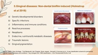 3.Gingival diseases: Non-dental biofilm induced (Holmstrup
et al 2018)
Jack G. Caton , Gary Armitage , Tord Berglundh, Iain Chapple, Soren Jepsen , Kenneth S. Kornman et al . A new classification scheme for periodontal
and peri implant diseases and conditions – key changes from 1999 classification. J Clin Periodontol2018;45:s1-s8
a) Genetic/developmental disorders
b) Specific infections
c) Inflammatory and immune conditions
d) Reactive processes
e) Neoplasms
f) Endocrine, nutritional & metabolic diseases
g) Traumatic lesions
h) Gingival pigmentation
 