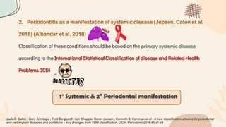 2. Periodontitis as a manifestation of systemic disease (Jepsen, Caton et al.
2018) (Albandar et al. 2018)
Classification of these conditions should be based on the primary systemic disease
according to the International Statistical Classification of disease and Related Health
Problems (ICD)
1° Systemic & 2° Periodontal manifestation
Jack G. Caton , Gary Armitage , Tord Berglundh, Iain Chapple, Soren Jepsen , Kenneth S. Kornman et al . A new classification scheme for periodontal
and peri implant diseases and conditions – key changes from 1999 classification. J Clin Periodontol2018;45:s1-s8
 