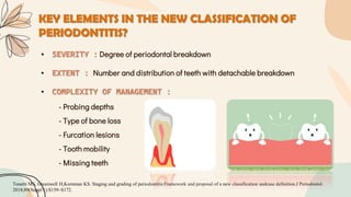 KEY ELEMENTS IN THE NEW CLASSIFICATION OF
PERIODONTITIS?
• SEVERITY : Degree of periodontal breakdown
• EXTENT : Number and distribution of teeth with detachable breakdown
• COMPLEXITY OF MANAGEMENT :
- Probing depths
- Type of bone loss
- Furcation lesions
- Tooth mobility
- Missing teeth
Tonetti MS, Greenwell H,Kornman KS. Staging and grading of periodontitis:Framework and proposal of a new classification andcase definition.J Periodontol.
2018;89(Suppl 1):S159–S172.
 