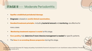 STAGE II ---- Moderate Periodontitis
• Signifies established periodontal damage
• Diagnosis is based on careful clinical examination.
• Standard treatment principles, including bacterial removal and monitoring, are effective for
many cases.
• Monitoring treatment response is crucial at this stage.
• Case grading help determine if more intensive management is needed for specific patients.
• The focus is on arresting disease progression during this stage.
Tonetti MS, Greenwell H,Kornman KS. Staging and grading of periodontitis:Framework and proposal of a new classification andcase definition.J Periodontol.
2018;89(Suppl 1):S159–S172.
 