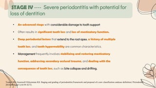 STAGE IV ---- Severe periodontitis with potential for
loss of dentition
• An advanced stage with considerable damage to tooth support
• Often results in significant tooth loss and loss of masticatory function.
• Deep periodontal lesions that extend to the root apex, a history of multiple
tooth loss, and tooth hypermobility are common characteristics.
• Management frequently involves stabilizing and restoring masticatory
function, addressing secondary occlusal trauma, and dealing with the
consequences of tooth loss, such as bite collapse and drifting.
Tonetti MS, Greenwell H,Kornman KS. Staging and grading of periodontitis:Framework and proposal of a new classification andcase definition.J Periodontol.
2018;89(Suppl 1):S159–S172.
 
