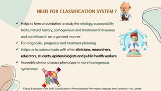 NEED FOR CLASSIFICATION SYSTEM ?
 Helps to form a foundation to study the etiology, susceptibility
traits, natural history, pathogenesis and treatment of diseases
and conditions in an organized manner
 For diagnosis , prognosis and treatment planning
 Helps us to communicate with other clinicians, researchers,
educators, students, epidemiologists and public health workers
 Assemble similar disease phenotype in more homogenous
syndromes
Critical Evaluation of the 2017 Classification of Periodontaland Peri-implant diseases and Conditions – An Update
 