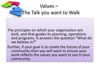 Values – 
The Talk you want to Walk 
The principles on which your organization are 
built, and that guides its planning, operations 
and programs. It answers the question “What do 
we believe in?” 
Further, if your goal is to create the future of your 
community then you will want to ensure your 
work reflects the values you want to see in your 
community. 
 