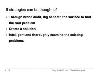 5 strategies can be thought of
 Through brand audit, dig beneath the surface to find
the root problem
 Create a solution...