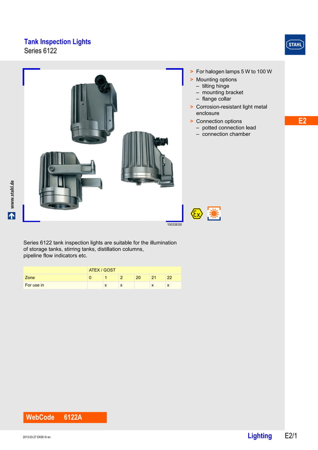 Stahl 6122 Tank Inspection Light ATEX Zone 1 Zone 2 Hazardous Area