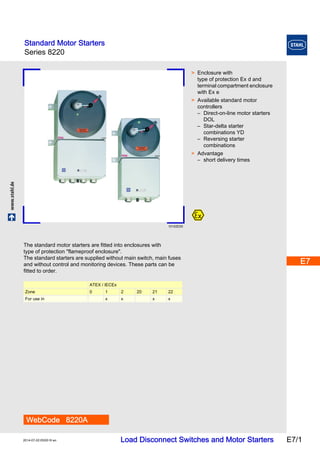 Standard Motor Starters 
Series 8220 
E7 
E7 
E7 
E7 
E7 
www.stahl.de Load Disconnect Switches and Motor Starters E7/1 2014-07-02·EK00·III·en 
E7 
E7 
E7 
E7 
E7 
E7 
E7 
E7 
E7 
Series 8220 E7 
10102E00 
WebCode 8220A 
> Enclosure with 
type of protection Ex d and 
terminal compartment enclosure 
with Ex e 
> Available standard motor 
controllers 
– Direct-on-line motor starters 
DOL 
– Star-delta starter 
combinations YD 
– Reversing starter 
combinations 
> Advantage 
– short delivery times 
The standard motor starters are fitted into enclosures with 
type of protection "flameproof enclosure". 
The standard starters are supplied without main switch, main fuses 
and without control and monitoring devices. These parts can be 
fitted to order. 
ATEX / IECEx 
Zone 0 1 2 20 21 22 
For use in x x x x 
 
