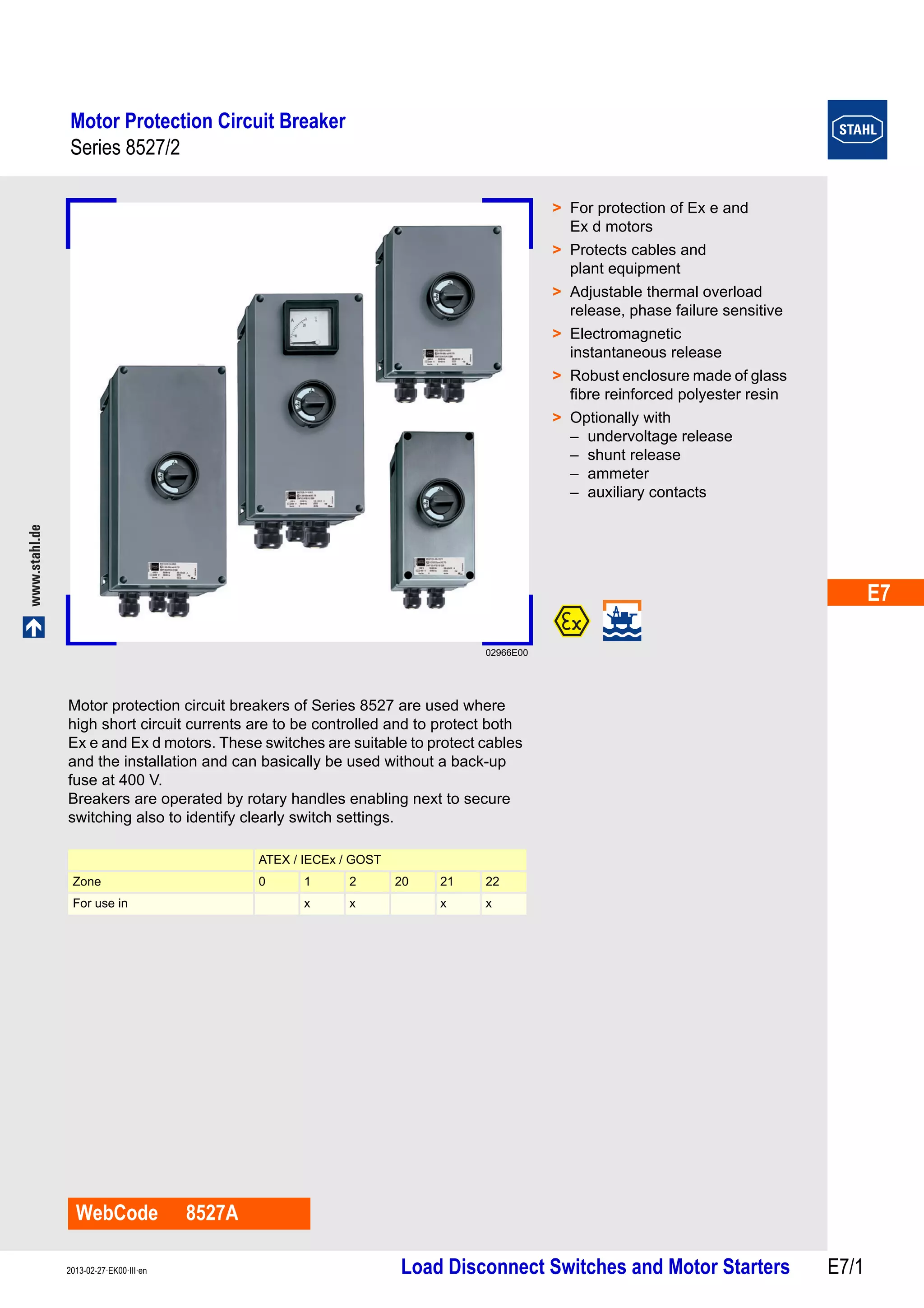 Stahl 8527 Motor Protection Circuit Breakers ATEX Zone 1 Zone 2
