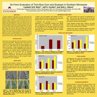 On-Farm Evaluation of Twin-Row Corn and Soybean in Southern Minnesota
                                                           Lizabeth A.B.              Stahl 1*,                       Jeff A.        Coulter 2,              and Seth L.    Naeve 2
                                       1Worthington            Regional Extension Office, Worthington, MN, and 2University of Minnesota, St. Paul, MN
                                                                 *Corresponding Author PH: (507) 372-3912; E-mail: stah0012@umn.edu

                                ABSTRACT                                                                                                                     MATERIALS & METHODS
   Growers are questioning if crops planted in twin rows, a system where crops       Trials in corn and soybean were initiated in 2010 in                                 The same planter was used for all treatments at a
are planted in row pairs six to eight inches apart and the center of row pairs are
separated by 30 inches, yield greater than crops planted in 30-inch rows. This       southern MN with 2 farmer cooperators who have been                                   site: One tool bar was switched off for the 30-inch
study was initiated to determine 1) if corn and/or soybean yield could be            planting crops in twin rows for several years                                         rows. Seeding rates were set by adjusting the planter
increased by planting in twin-rows compared to 30-inch rows and 2) if the
                                                                                                                                                                           according to manual recommendations.
response to planting population differs in twin rows compared to 30-inch rows.       Treatments were arranged in a 2 x 3 factorial
Replicated trials were established by Welcome and Wilmont, MN with two
producers who had been planting crops in twin rows for a number of years. Twin
                                                                                     experiment in a randomized complete block design                                      Data collected included stand, moisture, and grain
rows were compared to 30-inch rows at 3 planting populations in corn (33,000,        with 4 replications at each site. Treatments included                                 yield for both crops; stalk lodging and test weight for
38,000, and 43,000 live seeds/ac) and soybean (100,000, 140,000, and 180,000
                                                                                     two row widths (30-inch rows and 22-/8-inch twin rows)                                corn; and percent stand loss in soybean.
live seeds/ac). Stand counts were taken after emergence in both crops and
again in soybean prior to harvest. Grain yield and moisture were recorded at         at 3 populations in corn (33,000, 38,000, and 43,000
                                                                                                                                                                           ANOVA was used for statistical analysis and means
harvest. Results were analyzed by ANOVA and means separated using Fisher’s           plants per acre (ppa)) and soybean (100,00, 140,000,
Protected LSD at the 0.05 and 0.10 significance levels. Row spacing and                                                                                                    separated using Fisher’s protected LSD (α = 0.05).
population had no effect on soybean yield at either site in 2010. Corn yield was     and 180,000 ppa).
greatest in twin-rows at the highest population at the Wilmont site while row
spacing had no effect on yield at the Welcome site. This study suggests planting
                                                                                                                                                               RESULTS & DISCUSSION
corn in twin-rows can result in a slight yield increase at very high populations,
                                                                                                      230                                                                                   225
although there was no clear advantage to planting at very high seeding rates                                 LSD (.05) = 2.9 bu/ac                                                                LSD (.05) = 1.2
                                                                                                      229
                                                                                                      228                                                                                   220
                             INTRODUCTION                                                             227
                                                                                      Yield (bu/ac)




                                                                                                                                                                            YIeld (bu/ac)
                                                                                                      226                                                                                   215
Narrow-row crop production has the potential to increase
                                                                                                      225                                                                                                                               30" Rows
crop yield and profits. Planting crops in twin-rows is a                                                                                                                                                                                Twin Rows
                                                                                                      224                                                                                   210
variation of narrow-rows where the crop is planted in row
                                                                                                      223
pairs 6 to 8 inches apart and 30 inches separates the                                                 222                                                                                   205
center of row pairs. A major advantage of twin-rows over                                              221
15- or 22-inch rows is that no additional major equipment                                             220                                                                                   200
modifications are needed beyond modifications to the                                                               33,000                 38,000             43,000                                   33,000          38,000   43,000

planter. Prior to this work there was no published                                   Figure 2: Corn yield as affected by population                                        Figure 3: Corn yield as affected by population x
University research on twin-row corn and soybean                                     averaged across row spacing at Welcome in 2010.                                       row spacing at Wilmont in 2010.
production in Minnesota. This research will help growers
who are considering whether or not to invest in a twin-                                                     LSD (.05) = NS
                                                                                                            LSD (.05) = NS                                                                                          CONCLUSIONS
row planter for corn or soybeans.
                                                                                                                                                                           At Welcome, corn yield was maximized at 38,000
                                                                                                                                                                           ppa. Yield was not affected by row spacing and there
                               OBJECTIVES                                                                                                                                  was no significant row spacing x population
This study was initiated to determine 1) if corn and/or                                                                                                                    interaction.
soybean yield can be increased by planting in twin-rows                                                                                                                    At Wilmont, corn yield was greatest at the highest
compared to 30-inch rows and 2) if the response to                                                                                                                         population in twin rows, while yield was lowest at this
planting population differs in twin rows compared to 30-                                                                                                                   population in 30” rows. This indicates the potential for
inch rows.                                                                                                                                                                 corn to better tolerate higher populations in twin rows
                                                                                                                                                                           than in 30-inch rows, although differences were not
          a                                 b                                        Figure 4: Soybean yield as affected by population                                     consistently seen.
                                                                                     x row spacing at Welcome in 2010.                                                     At both sites, soybean yield was not affected by row
                                                                                                                                                                           spacing or population, and there was no significant
                                                                                                      59
                                                                                                            LSD (.05) = NS                                                 interaction between these two factors.
                                                                                                      58
                                                                                                      57                                                                   These trials are being continued in 2011.
                                                                                                      56
                                                                                      Yield (bu/ac)




          c                                 d
                                                                                                      55                                                                                                       ACKNOWLEDGEMENTS
                                                                                                                                                               30" Rows
                                                                                                      54
                                                                                                                                                               Twin Rows   Financial support for this project was provided by the
                                                                                                      53
                                                                                                                                                                           Minnesota Corn Growers Association and the
                                                                                                      52                                                                   Minnesota Soybean Research and Promotion Council.
                                                                                                      51                                                                   A special thanks to our farmer cooperators Bryon
  Figure 1: Corn at 38,000 ppa in twin- (a) and 30-                                                   50                                                                   Kittleson, Richard Penning, John Penning and Brian
                                                                                                               100,000          140,000            180,000                 Penning and also to NuWay Coop in Trimont and the
  inch rows (b) at Wilmont, MN, and soybean at
  140,000 ppa in twin- (c) and 30-inch rows (d) at                                   Figure 5: Soybean yield as affected by population                                     Agronomy Center LLC in Adrian for their assistance
  Welcome, MN in 2010.                                                               x row spacing at Wilmont in 2010.                                                     with the plots.
 