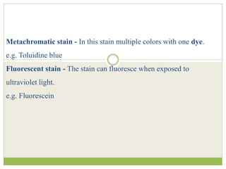 Metachromatic stain - In this stain multiple colors with one dye.
e.g. Toluidine blue
Fluorescent stain - The stain can fluoresce when exposed to
ultraviolet light.
e.g. Fluorescein
 