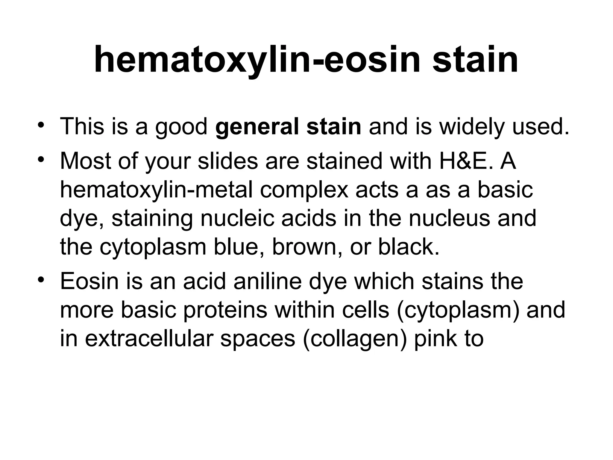 hematoxylin-eosin stain
• This is a good general stain and is widely used.
• Most of your slides are stained with H&E. A
hematoxylin-metal complex acts a as a basic
dye, staining nucleic acids in the nucleus and
the cytoplasm blue, brown, or black.
• Eosin is an acid aniline dye which stains the
more basic proteins within cells (cytoplasm) and
in extracellular spaces (collagen) pink to
 