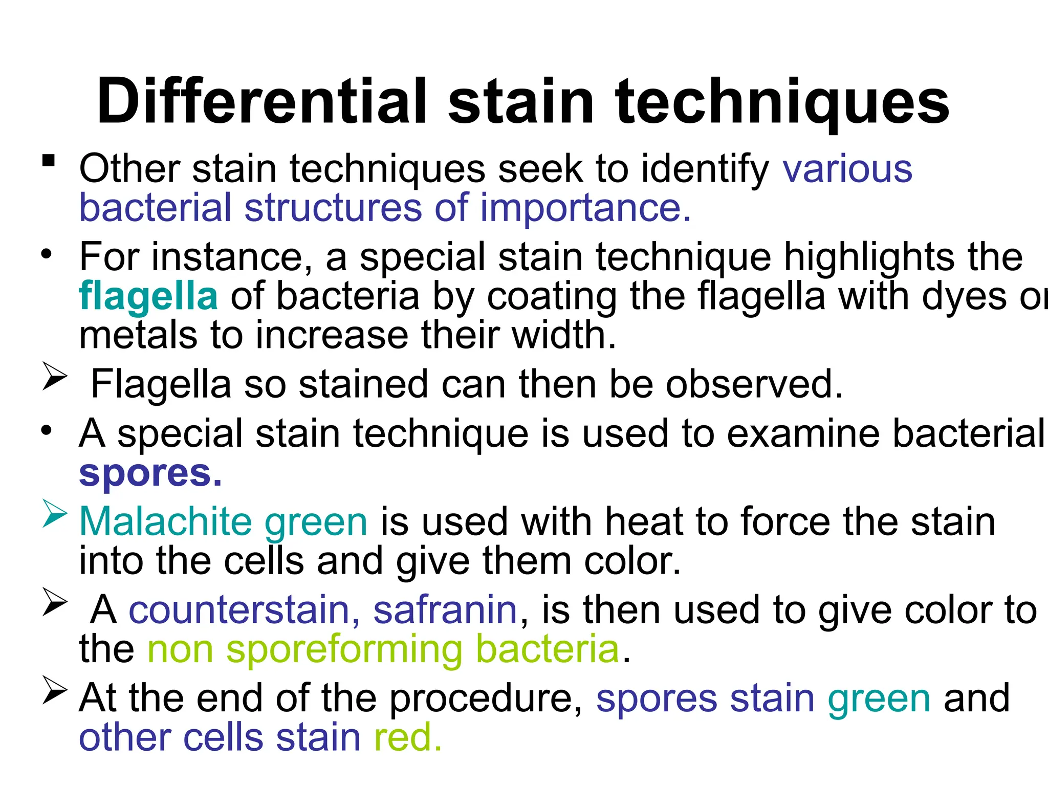 Differential stain techniques
 Other stain techniques seek to identify various
bacterial structures of importance.
• For instance, a special stain technique highlights the
flagella of bacteria by coating the flagella with dyes or
metals to increase their width.
 Flagella so stained can then be observed.
• A special stain technique is used to examine bacterial
spores.
 Malachite green is used with heat to force the stain
into the cells and give them color.
 A counterstain, safranin, is then used to give color to
the non sporeforming bacteria.
 At the end of the procedure, spores stain green and
other cells stain red.
 