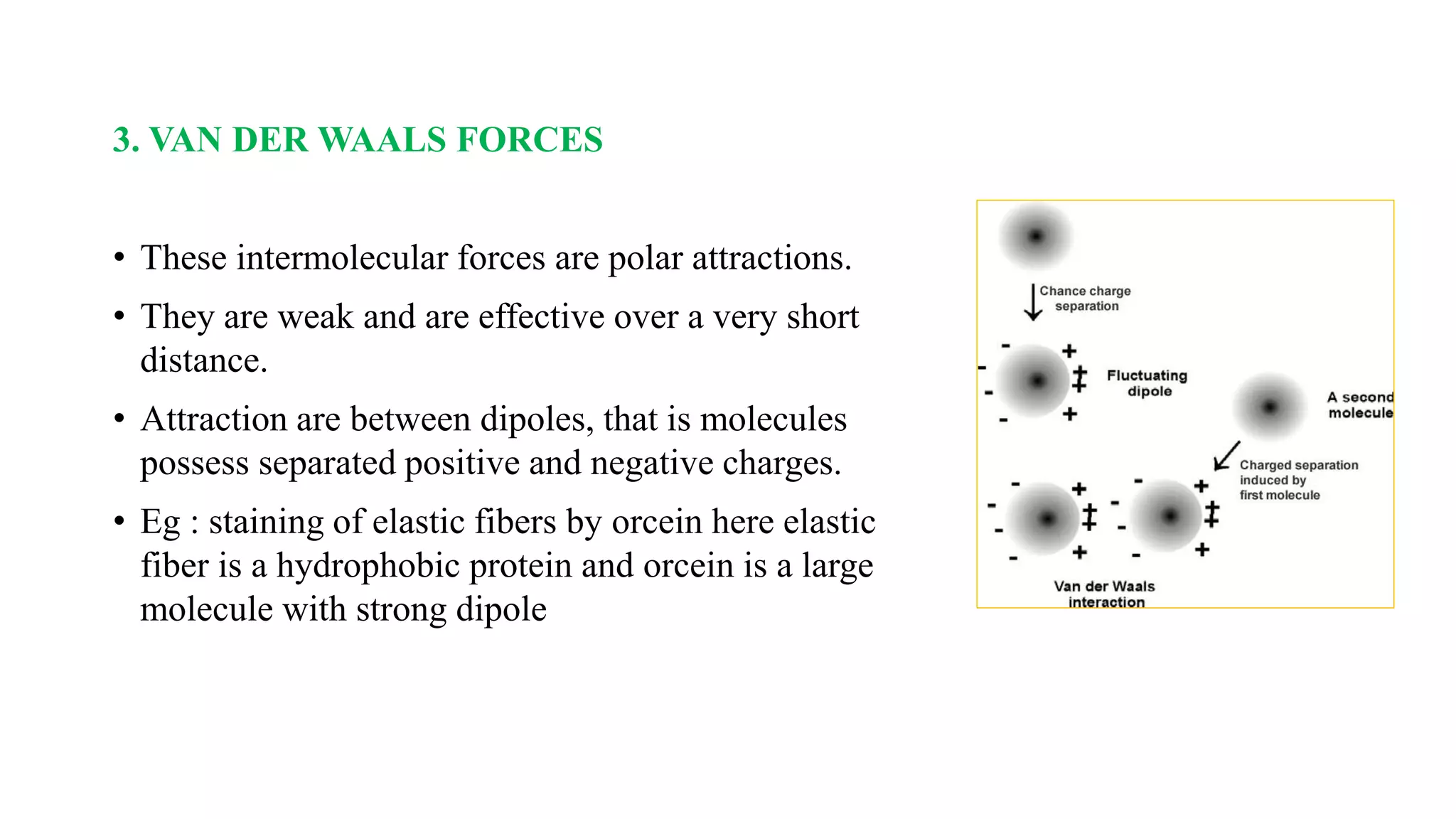 3. VAN DER WAALS FORCES
• These intermolecular forces are polar attractions.
• They are weak and are effective over a very short
distance.
• Attraction are between dipoles, that is molecules
possess separated positive and negative charges.
• Eg : staining of elastic fibers by orcein here elastic
fiber is a hydrophobic protein and orcein is a large
molecule with strong dipole
 