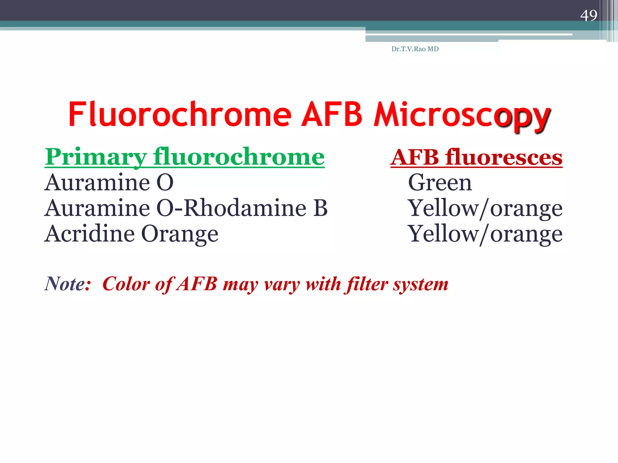 Fluorochrome AFB Microscopy
Primary fluorochrome AFB fluoresces
Auramine O Green
Auramine O-Rhodamine B Yellow/orange
Acridine Orange Yellow/orange
Note: Color of AFB may vary with filter system on microscope
49
Dr.T.V.Rao MD
 