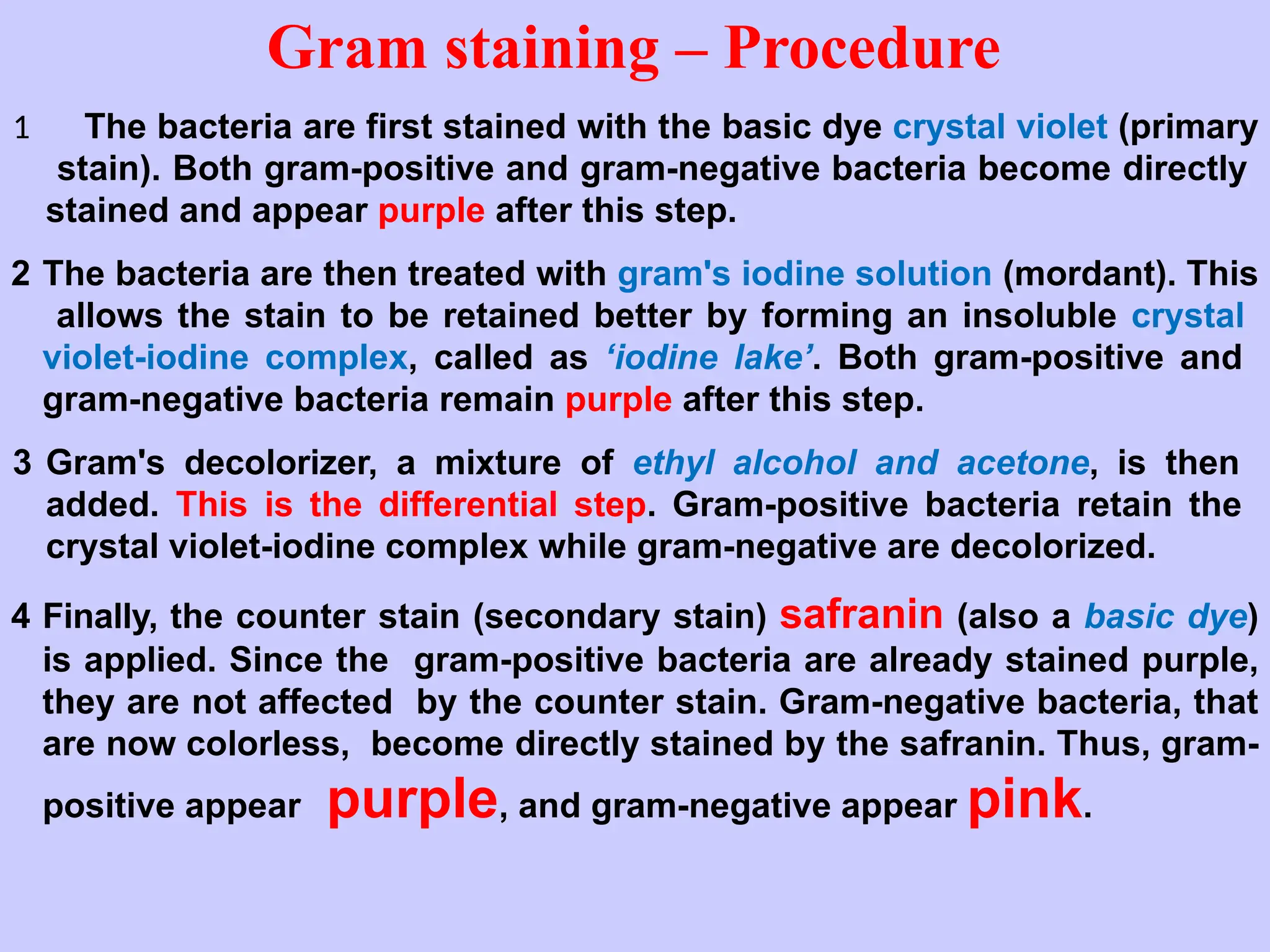 Gram staining – Procedure
1 The bacteria are first stained with the basic dye crystal violet (primary
stain). Both gram-positive and gram-negative bacteria become directly
stained and appear purple after this step.
2 The bacteria are then treated with gram's iodine solution (mordant). This
allows the stain to be retained better by forming an insoluble crystal
violet-iodine complex, called as ‘iodine lake’. Both gram-positive and
gram-negative bacteria remain purple after this step.
3 Gram's decolorizer, a mixture of ethyl alcohol and acetone, is then
added. This is the differential step. Gram-positive bacteria retain the
crystal violet-iodine complex while gram-negative are decolorized.
4 Finally, the counter stain (secondary stain) safranin (also a basic dye)
is applied. Since the gram-positive bacteria are already stained purple,
they are not affected by the counter stain. Gram-negative bacteria, that
are now colorless, become directly stained by the safranin. Thus, gram-
positive appear purple, and gram-negative appear pink.
 