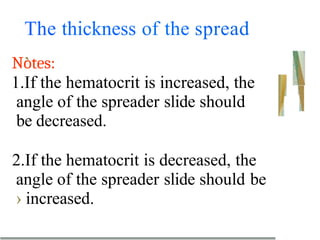 The thickness of the spread
,
Notes:
1.If the hematocrit is increased, the
angle of the spreader slide should
be decreased.
2.If the hematocrit is decreased, the
angle of the spreader slide should be
› increased.
 