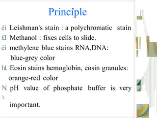 Principle
éi Leishman's stain : a polychromatic stain
£1 Methanol : fixes cells to slide.
éi methylene blue stains RNA,DNA:
blue-grey color
h
1
. Eosin stains hemoglobin, eosin granules:
orange-red color
N. pH value of phosphate buffer is very
›,
important.
 