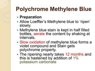 Polychrome Methylene Blue
 Preparation
 Allow Loeffler’s Methylene blue to ‘ripen’
slowly.
 Methylene blue stain is kept in half filled
bottles, aerate the content by shaking at
intervals.
 Slow oxidation of methylene blue forms a
violet compound and Stain gets
polychrome property.
 The ripening nearly takes 12 months and
this is hastened by addition of 1%
potassium carbonate
 