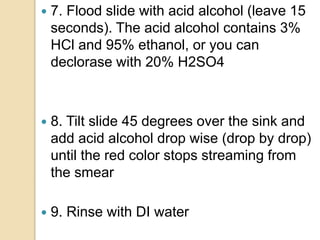  7. Flood slide with acid alcohol (leave 15
seconds). The acid alcohol contains 3%
HCl and 95% ethanol, or you can
declorase with 20% H2SO4
 8. Tilt slide 45 degrees over the sink and
add acid alcohol drop wise (drop by drop)
until the red color stops streaming from
the smear
 9. Rinse with DI water
 
