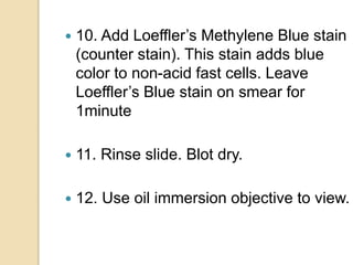  10. Add Loeffler’s Methylene Blue stain
(counter stain). This stain adds blue
color to non-acid fast cells. Leave
Loeffler’s Blue stain on smear for
1minute
 11. Rinse slide. Blot dry.
 12. Use oil immersion objective to view.
 