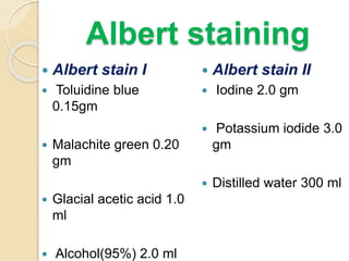  Albert stain I
 Toluidine blue
0.15gm
 Malachite green 0.20
gm
 Glacial acetic acid 1.0
ml
 Alcohol(95%) 2.0 ml
 Albert stain II
 Iodine 2.0 gm
 Potassium iodide 3.0
gm
 Distilled water 300 ml
Albert staining
 