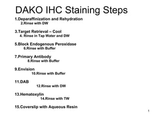 DAKO IHC Staining Steps 1.Deparaffinization and Rehydration 2.Rinse with DW 3.Target Retrieval – Cool 4. Rinse in Tap Water and DW 5.Block Endogenous Peroxidase 6.Rinse with Buffer 7.Primary Antibody 8.Rinse with Buffer 9.Envision 10.Rinse with Buffer  11.DAB 12.Rinse with DW 13.Hematoxylin  14.Rinse with TW 15.Coverslip with Aqueous Resin 