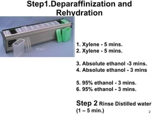 Step1.Deparaffinization and Rehydration 1. Xylene - 5 mins. 2. Xylene - 5 mins. 3. Absolute ethanol -3 mins. 4. Absolute ethanol - 3 mins 5. 95% ethanol - 3 mins. 6. 95% ethanol - 3 mins. Step 2  Rinse Distilled water  (1 – 5 min.) 
