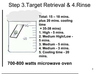 Step 3.Target Retrieval & 4.Rinse Total: 15 – 18 mins. plus 20 mins. cooling time = 35-38 mins) 1. High - 5 mins. 2. Medium High/Low - 5 mins. 3. Medium - 5 mins. 4. Medium - 3 mins. 5. Cooling time - 20 mins. 700-800 watts microwave oven 