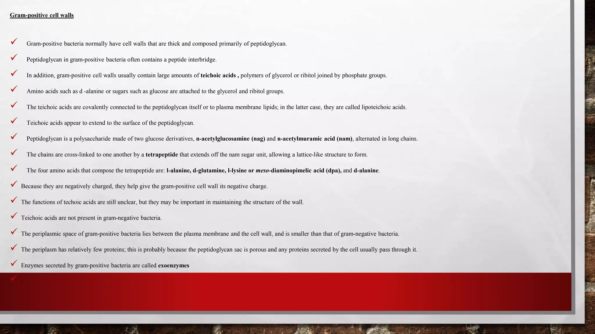 Gram-positive cell walls
 Gram-positive bacteria normally have cell walls that are thick and composed primarily of peptidoglycan.
 Peptidoglycan in gram-positive bacteria often contains a peptide interbridge.
 In addition, gram-positive cell walls usually contain large amounts of teichoic acids , polymers of glycerol or ribitol joined by phosphate groups.
 Amino acids such as d -alanine or sugars such as glucose are attached to the glycerol and ribitol groups.
 The teichoic acids are covalently connected to the peptidoglycan itself or to plasma membrane lipids; in the latter case, they are called lipoteichoic acids.
 Teichoic acids appear to extend to the surface of the peptidoglycan.
 Peptidoglycan is a polysaccharide made of two glucose derivatives, n-acetylglucosamine (nag) and n-acetylmuramic acid (nam), alternated in long chains.
 The chains are cross-linked to one another by a tetrapeptide that extends off the nam sugar unit, allowing a lattice-like structure to form.
 The four amino acids that compose the tetrapeptide are: l-alanine, d-glutamine, l-lysine or meso-diaminopimelic acid (dpa), and d-alanine.
 Because they are negatively charged, they help give the gram-positive cell wall its negative charge.
 The functions of techoic acids are still unclear, but they may be important in maintaining the structure of the wall.
 Teichoic acids are not present in gram-negative bacteria.
 The periplasmic space of gram-positive bacteria lies between the plasma membrane and the cell wall, and is smaller than that of gram-negative bacteria.
 The periplasm has relatively few proteins; this is probably because the peptidoglycan sac is porous and any proteins secreted by the cell usually pass through it.
 Enzymes secreted by gram-positive bacteria are called exoenzymes
 .
 