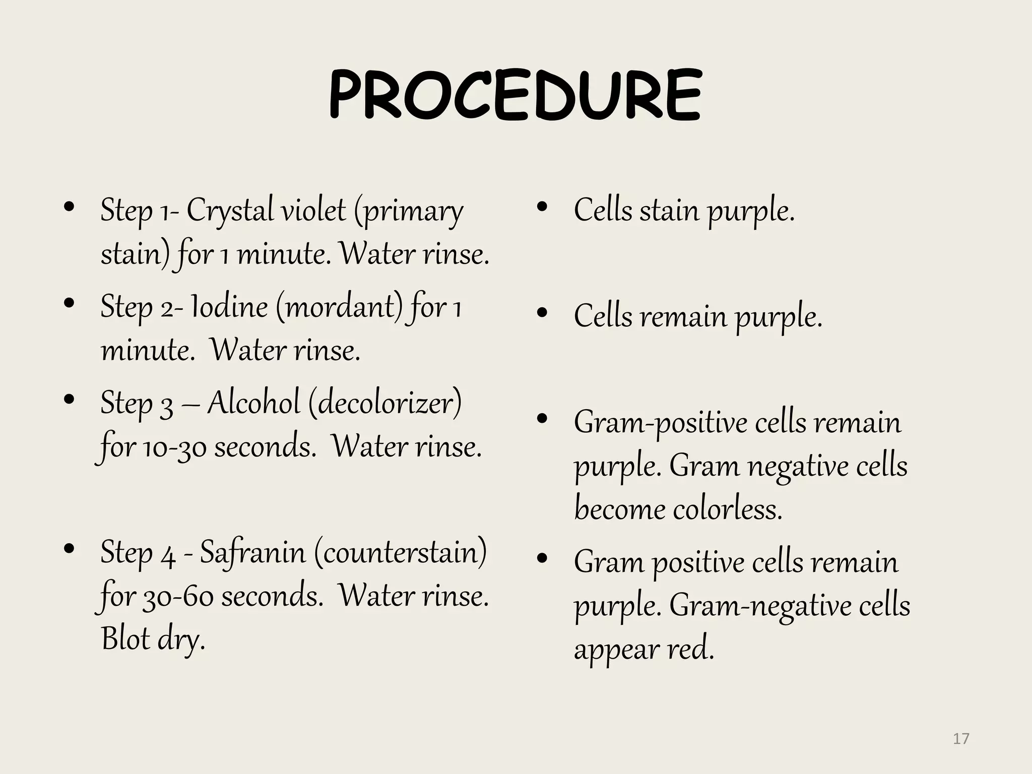 PROCEDURE
• Step 1- Crystal violet (primary
stain) for 1 minute. Water rinse.
• Step 2- Iodine (mordant) for 1
minute. Water rinse.
• Step 3 – Alcohol (decolorizer)
for 10-30 seconds. Water rinse.
• Step 4 - Safranin (counterstain)
for 30-60 seconds. Water rinse.
Blot dry.
• Cells stain purple.
• Cells remain purple.
• Gram-positive cells remain
purple. Gram negative cells
become colorless.
• Gram positive cells remain
purple. Gram-negative cells
appear red.
17
 