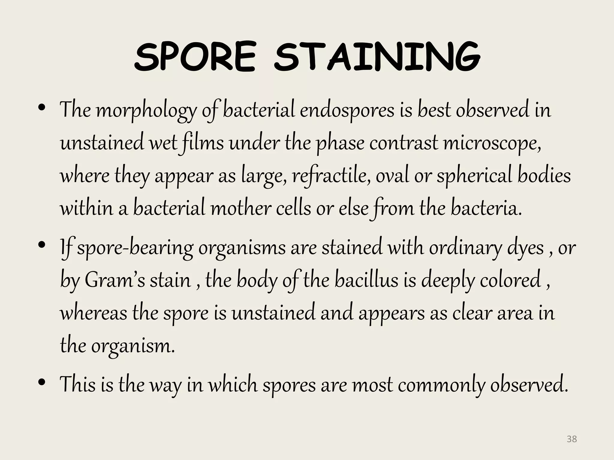 SPORE STAINING
• The morphology of bacterial endospores is best observed in
unstained wet films under the phase contrast microscope,
where they appear as large, refractile, oval or spherical bodies
within a bacterial mother cells or else from the bacteria.
• If spore-bearing organisms are stained with ordinary dyes , or
by Gram’s stain , the body of the bacillus is deeply colored ,
whereas the spore is unstained and appears as clear area in
the organism.
• This is the way in which spores are most commonly observed.
38
 